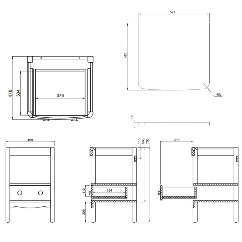 Burlington Guild Servantskap 52 cm med Eik Benkeplate