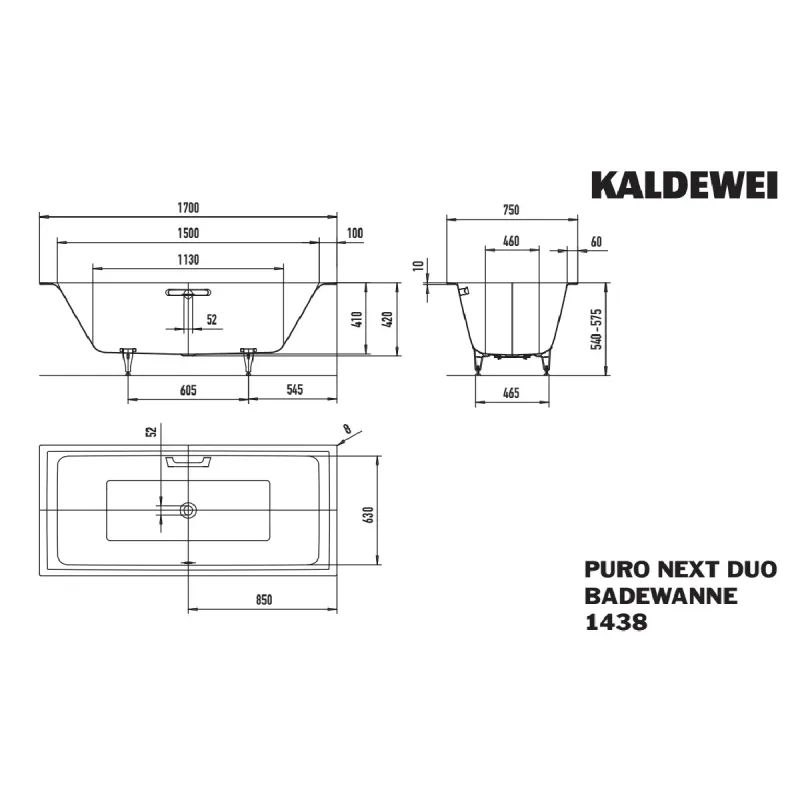 Kaldewei PURO NEXT DUO Mod 1438 Innebygd Badekar 170x75 cm