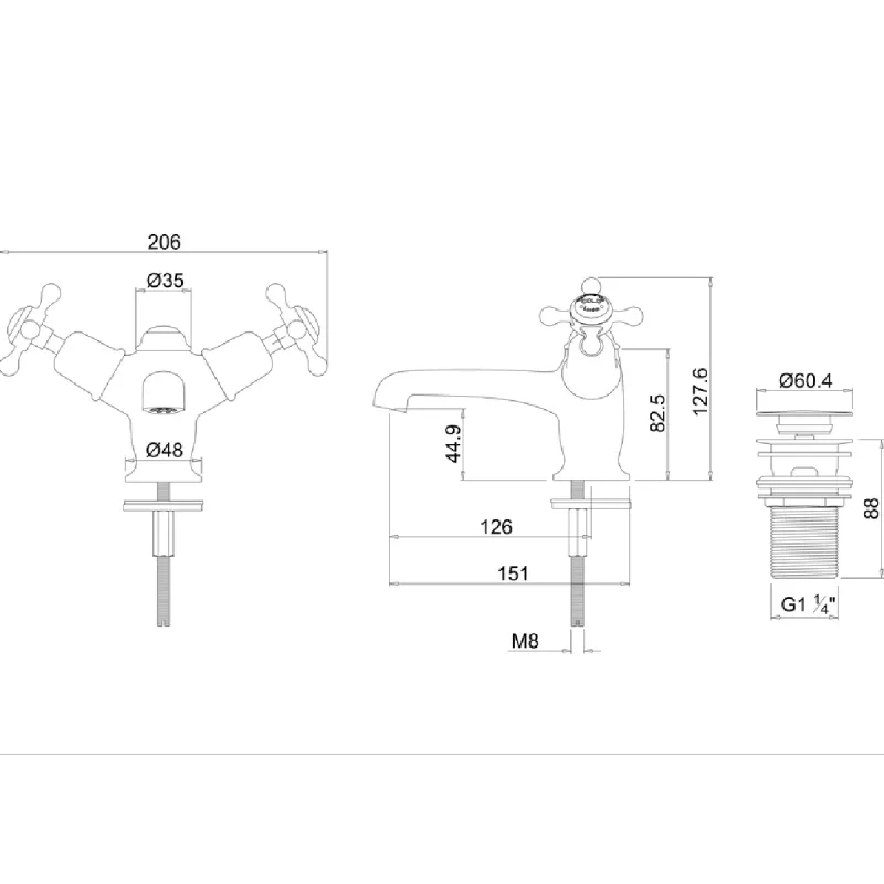 Burlington Claremont servantbatteri m/pop-up ventil