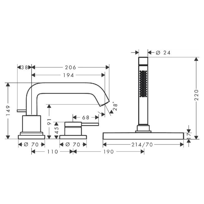 Hovedbilde Hansgrohe Tecturis S 3-hulls Badekarbatteri