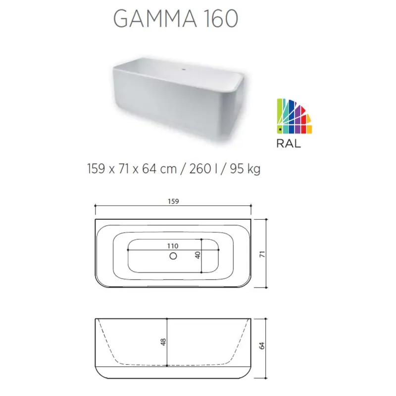 Balteco Gamma Back-To-Wall Badekar 159x71 cm