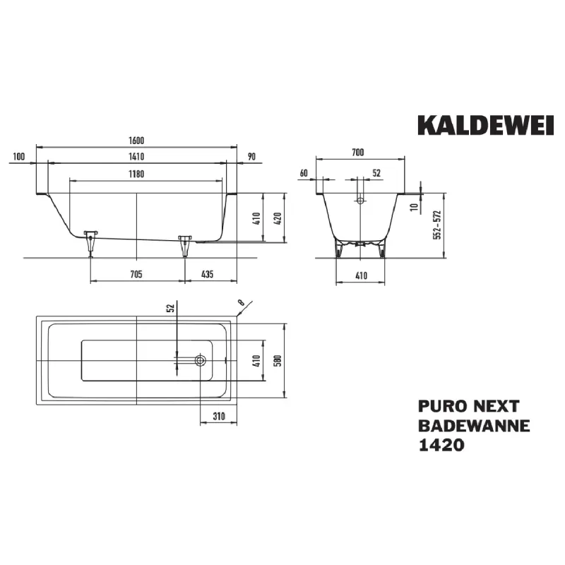 Kaldewei PURO NEXT Mod 1420 Innebygd Badekar 160x70 cm