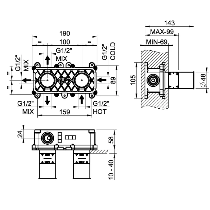 Gessi Innbyggingsdel for dusjtermostat med 1/2/3-veis vender