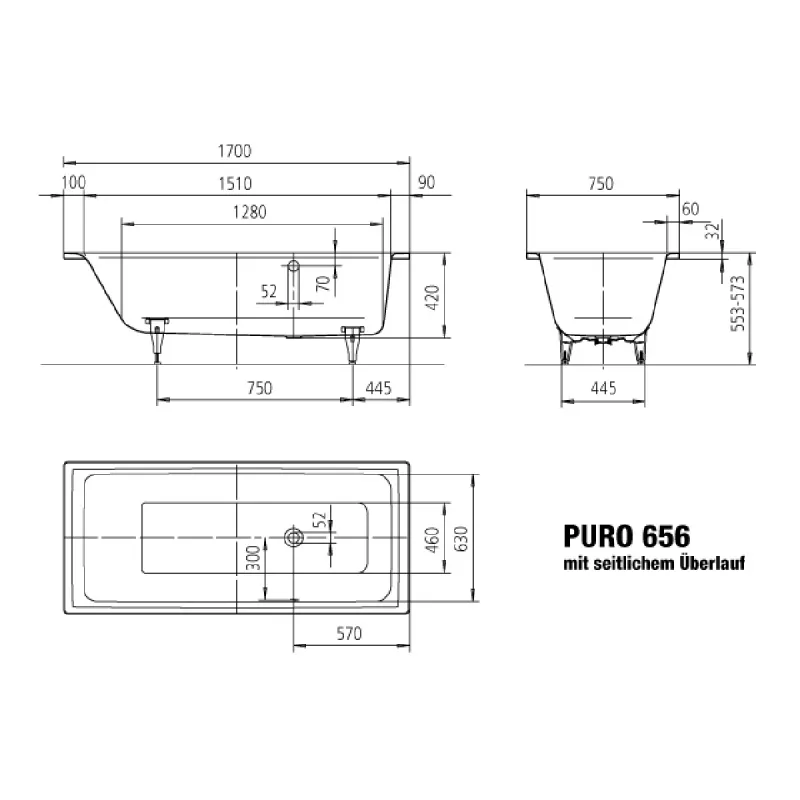 Kaldewei PURO Side Overflow Mod 656 Innebygd Badekar 170x75 cm
