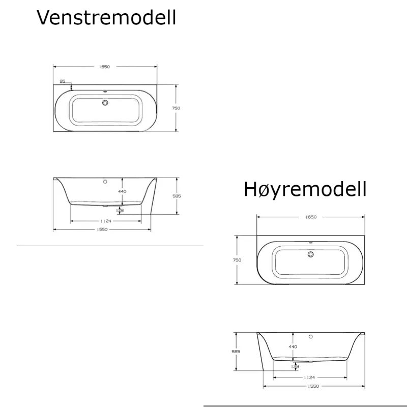 Strømberg Nino Back-To-Corner Badekar 165x75 cm