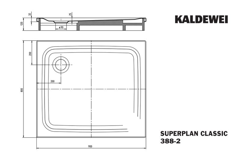 Kaldewei SUPERPLAN CLASSIC med støtte Mod 388-2 Dusjkar 80x90 cm, Cool Grey 90, Secure Plus