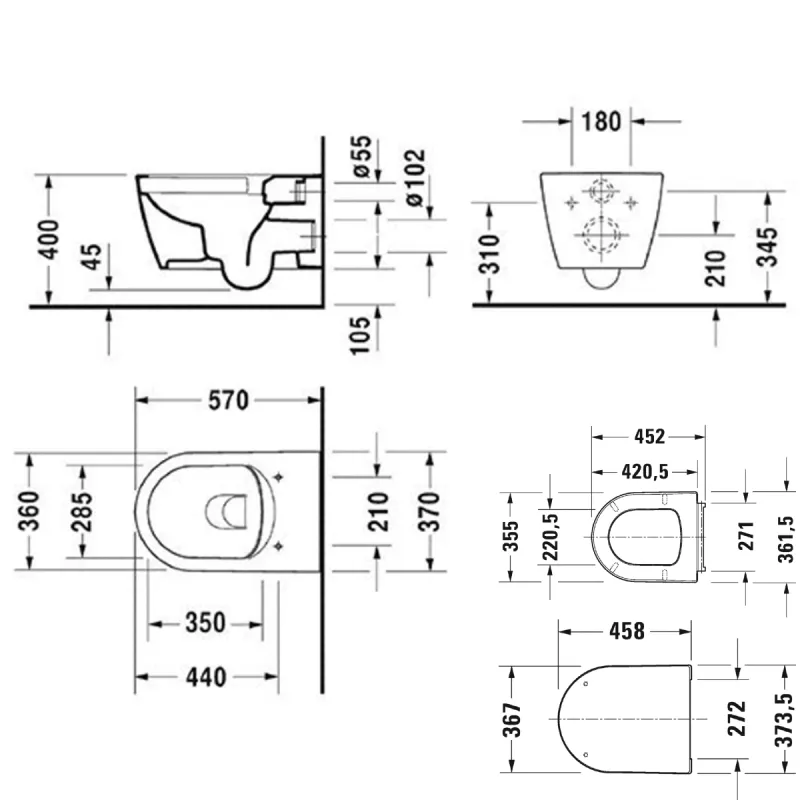 Duravit Me by Starck 57 cm Rimless Vegghengt Toalett - Hvit