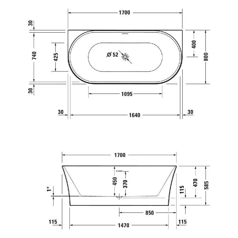 Duravit DuraSenja Back-To-Wall Badekar 170x80 cm