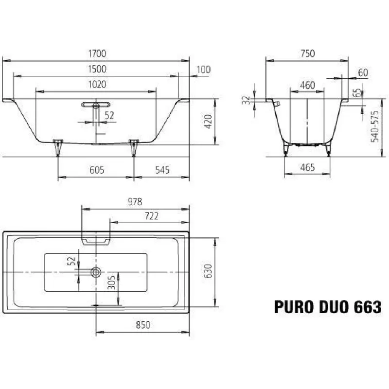 Kaldewei PURO DUO Mod 663 Innebygd Badekar 170x75 cm