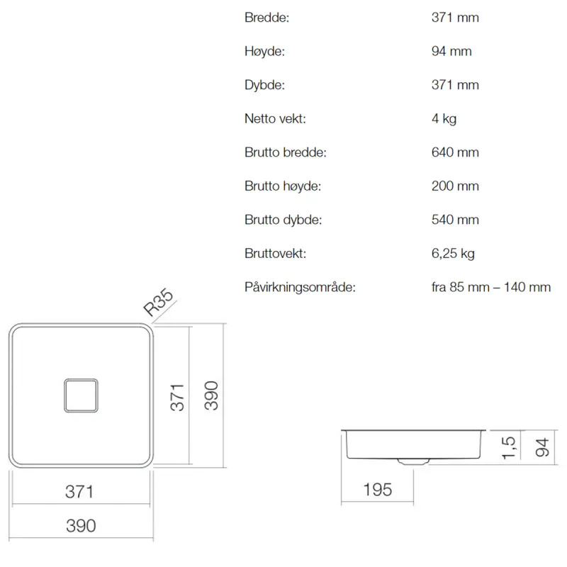 Alape UB.Q450 servant 37.1x37.1 cm underlimt
