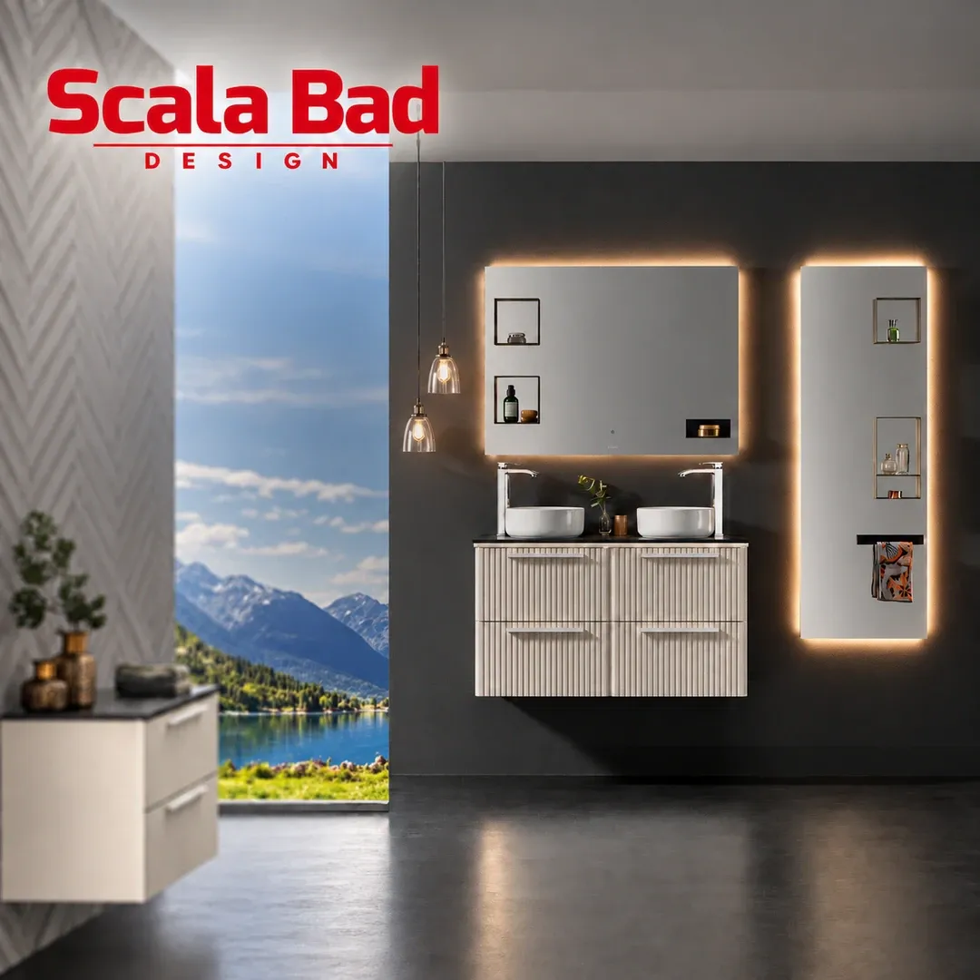 Scala Bad dobbel servantinnredning med hvite bolleservanter og belyste speil. -25% på alt fra scala bad i hele oktober