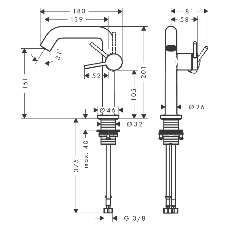 Hansgrohe Tecturis S 1-greps Servantbatteri 150 Fine
