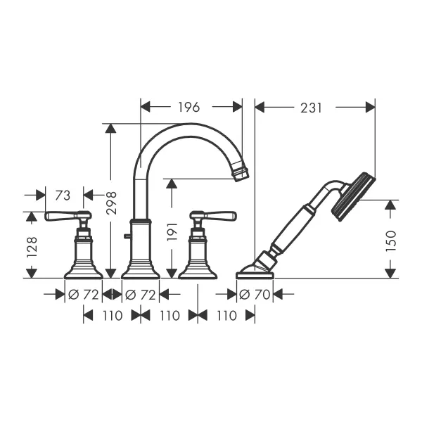 Hovedbilde Axor Montreux 4-hulls Badekarbatteri til karkant med vingegrep
