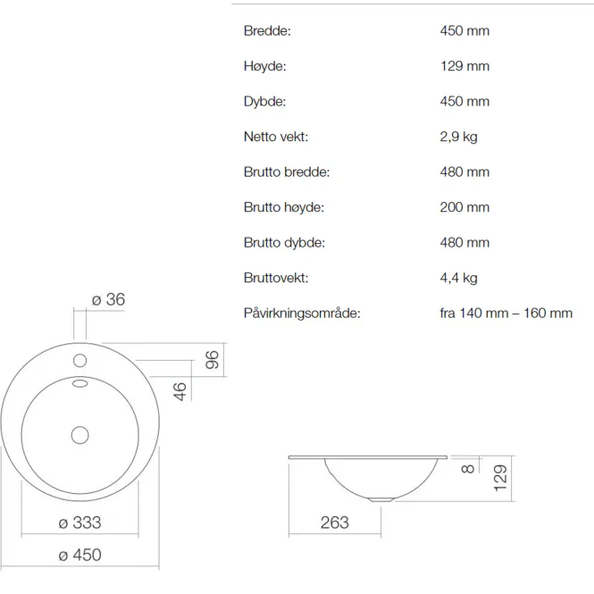 Hovedbilde Alape EB.K450H servant ø45 cm nedfelt m/ overløp