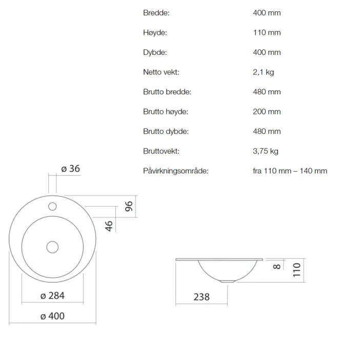 Hovedbilde Alape EB.K400H servant ø40 cm nedfelt