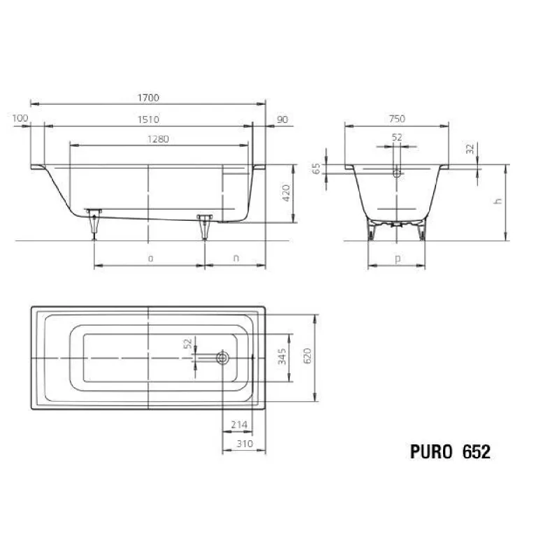 Kaldewei PURO Mod 652 Innebygd Badekar 170x75 cm